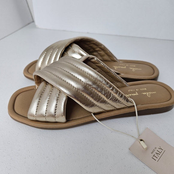 Mila Paoli Gold Metallic Leather Cross Strap Slides Sandals 7.5 Made in Italy - Picture 2 of 8